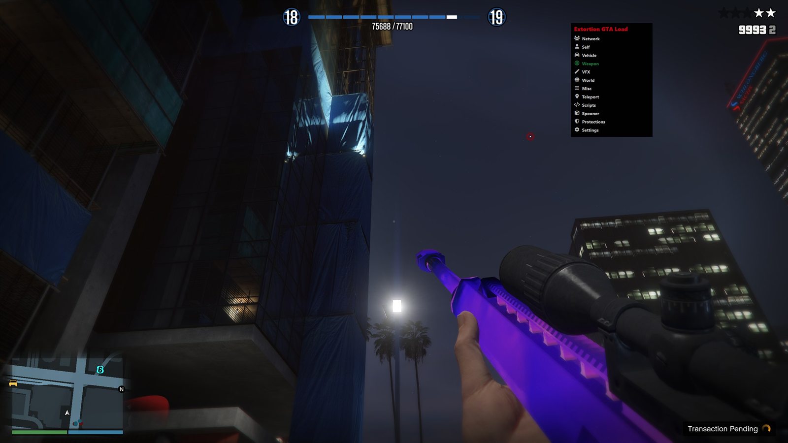 A sniper rifle wearing an animated purple and magenta custom camo, menu open on the right