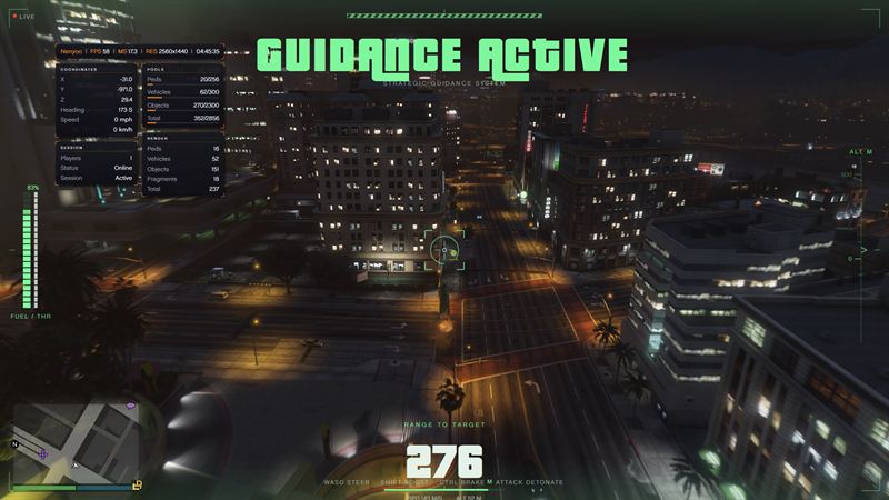 Strategic guidance system steering a missile over the city at night, range to target 276 metres