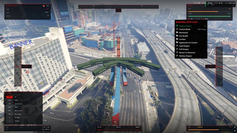 Riding a mechanical dragon over downtown Los Santos with the flight HUD and dragon control panel