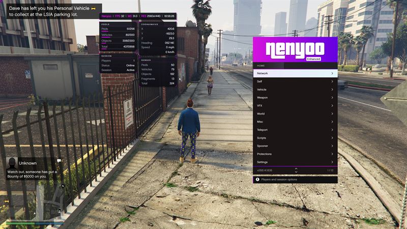 The N3NY000 main menu open in GTA Online, showing Network, Self, Vehicle, Weapon and VFX categories