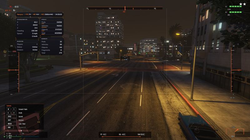 Flying the recon drone down a night street with a signal, battery and altitude overlay