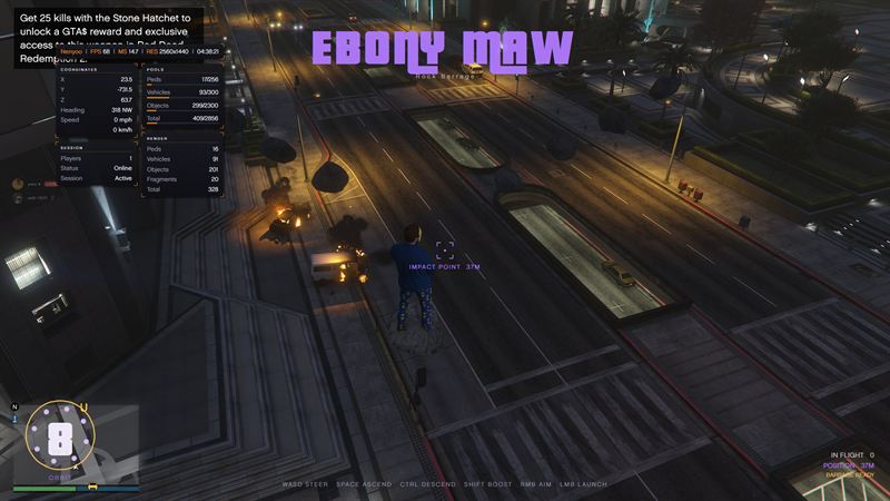 Ebony Maw rock barrage hurling boulders at traffic, with an orbit indicator and impact point marker