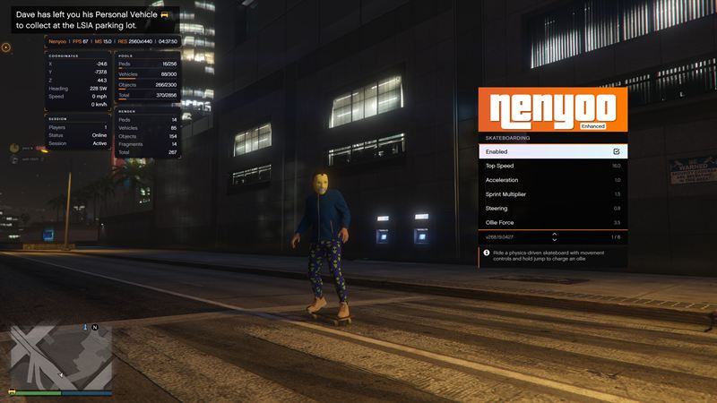 Riding a physics-driven skateboard at night with the skateboarding settings open