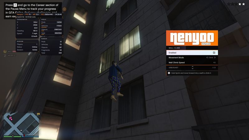 Climbing the side of a building with the wall climb options panel open